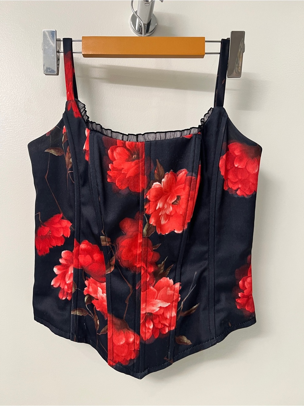 Vintage Black Corset Camisole with Red Floral Print